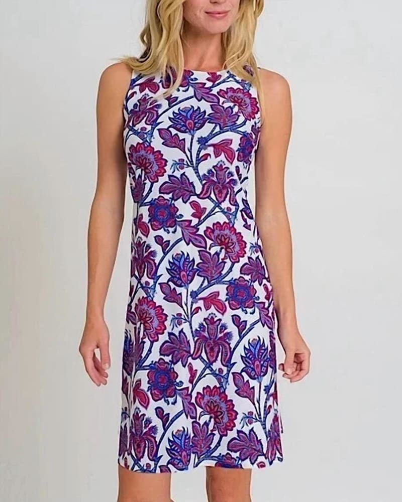 Front of a model wearing a size L Beth Dress In Floral Americana Multi in Floral Americana Multi by JUDE CONNALLY. | dia_product_style_image_id:346720
